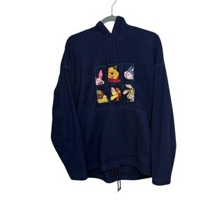 Vintage Disney Store Navy Fleece Hoodie Sweatshirt Winnie Pooh Characters Size L